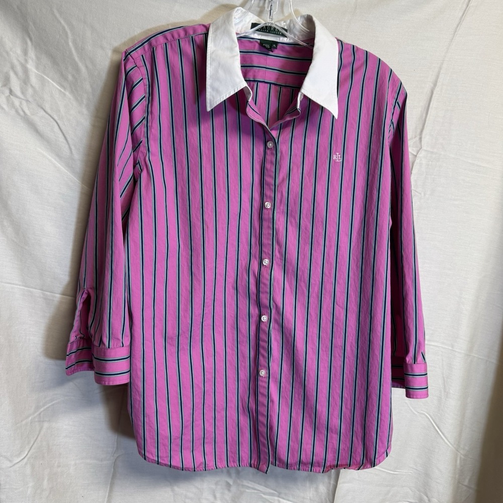 LAUREN RALPH LAUREN Polo Pink Striped Blouse Top Shirt Sz XL 23" Vintage/Y2K Era